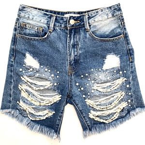Nwot Forever 21 Highwaisted Distressed Pearls/Rhinestone  Bermuda Jean S…